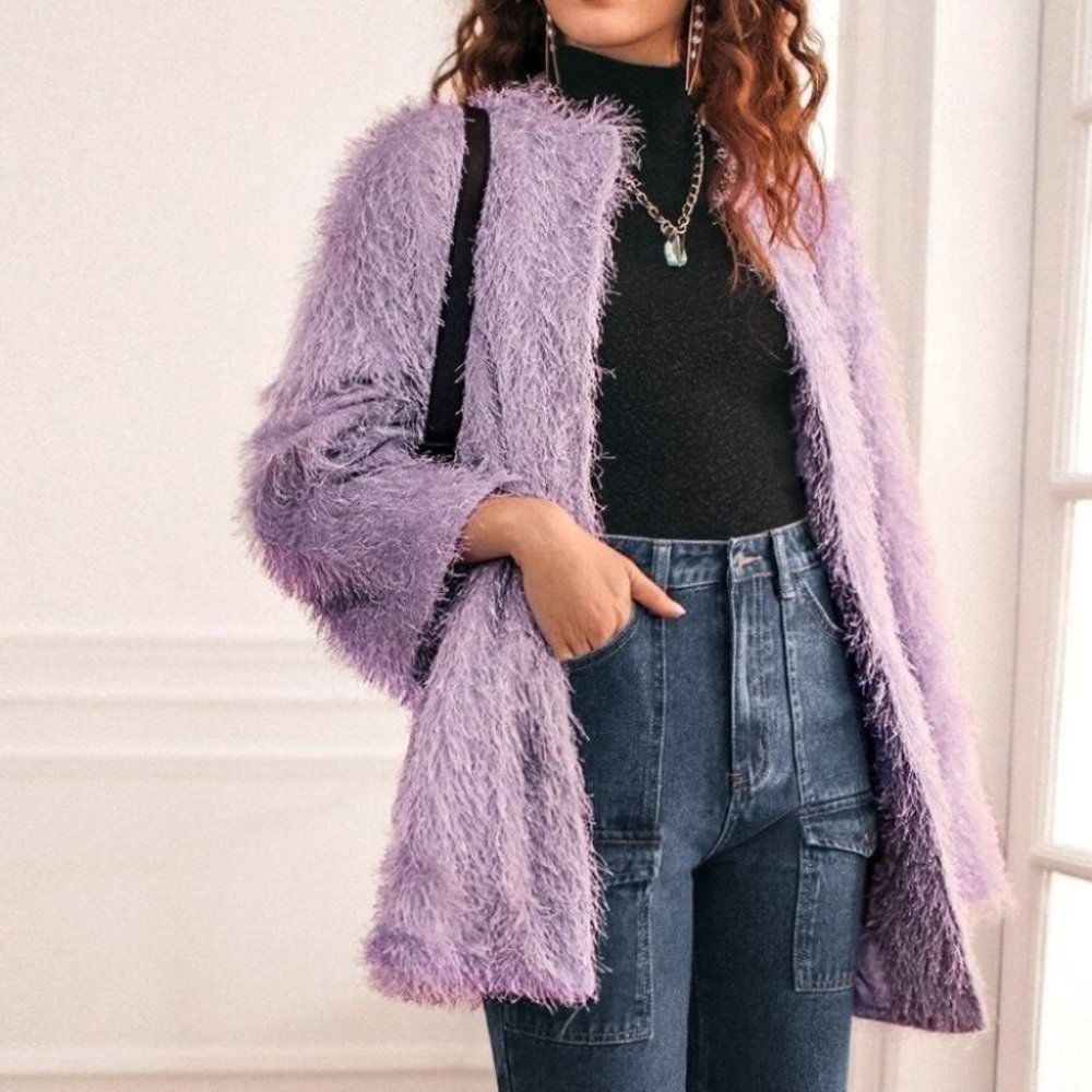 open front fuzzy coat purple - Picture 5 of 8